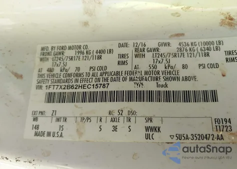 2017 Ford F-250 Xl from USA, damaged, VIN 1FT7X2B62HEC15787